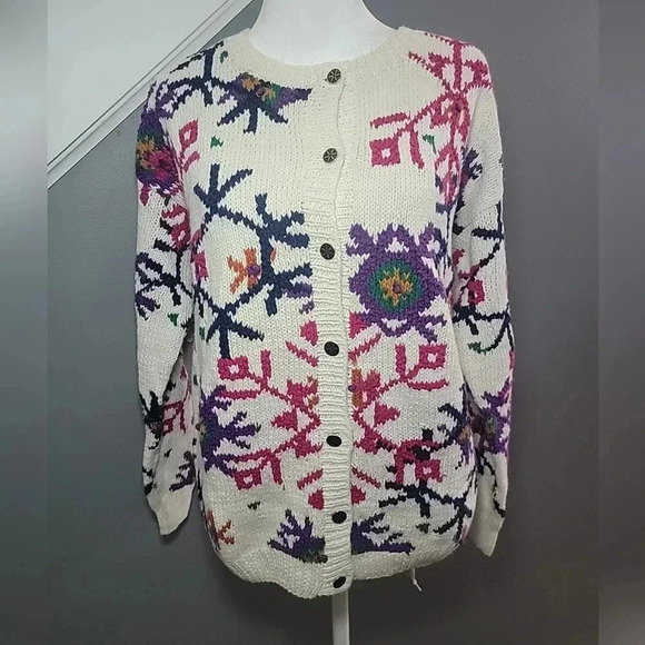 Montana Woolen Shop Sweaters - Vintage Grandma Hand Knit Cardigan Sweater Rami/Cotton Blend XL Colorful